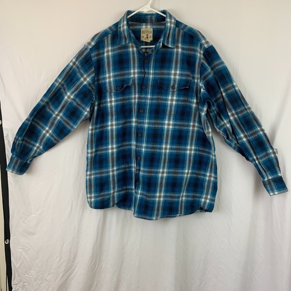 Red Head Brand Blue Plaid Flannel Long Sleeve Button Shirt Large